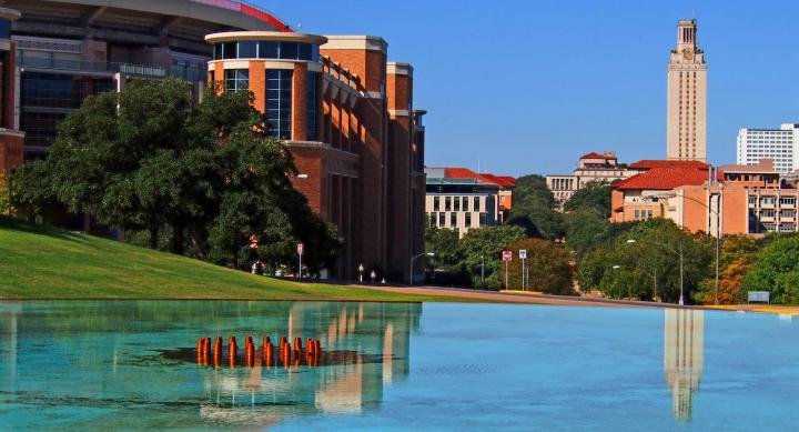 LBJ Fountain with Football stadium and Tower in background